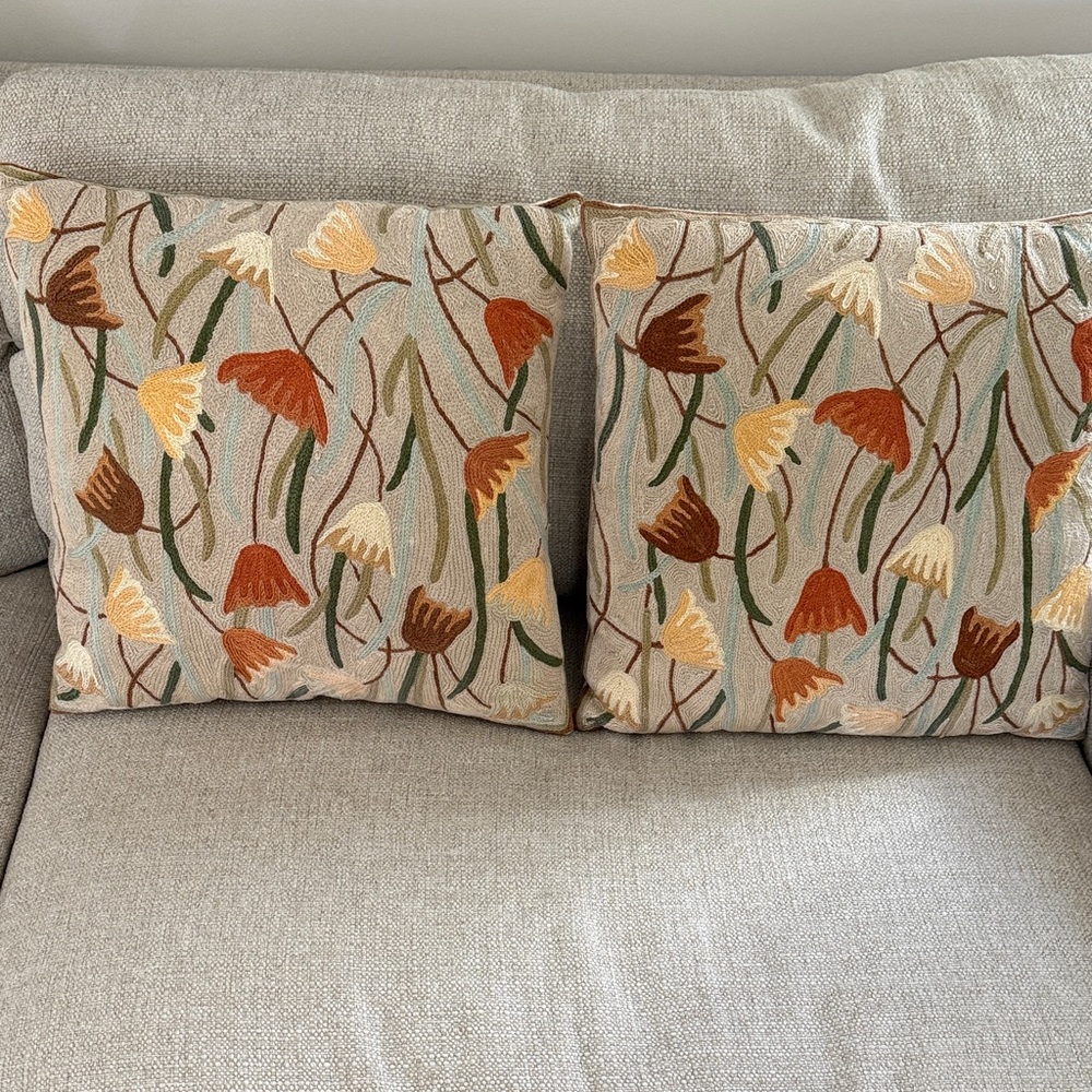 Elegant Floral Crewel  Accent Pillows in Earthy Tones